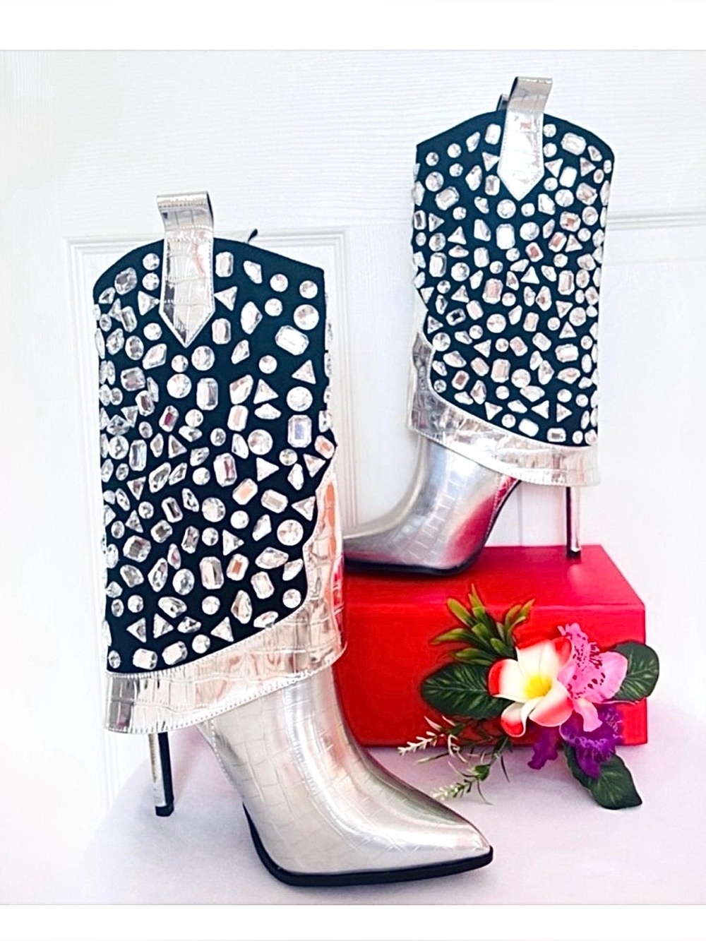 LAUREN LORRAINE ~ Black Suede w/Silver Crystals Croc Embossed 4” Heeled Boots